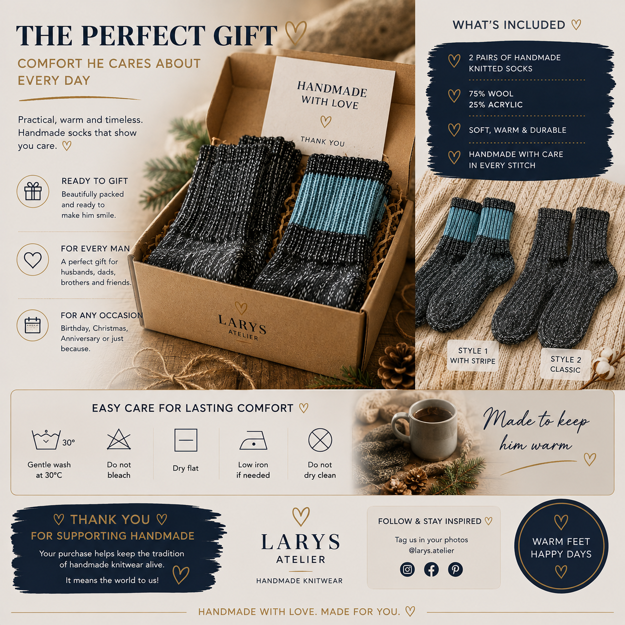 Handmade Men’s Wool Socks – Warm Hand Knitted Socks, EU Size 45