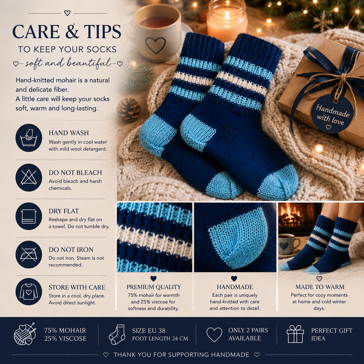 Hand-Knitted Mohair Socks – Warm Blue Handmade Socks, Size EU 38