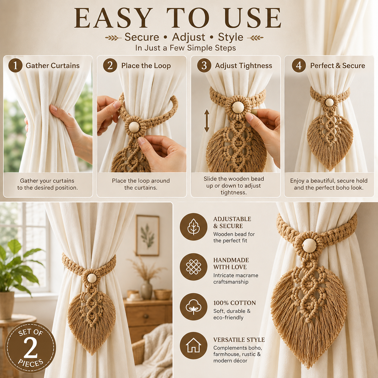 Handmade Macrame Curtain Tiebacks – Set of 2 | Cotton Boho Curtain Holders with Wooden Beads & Leaf Tassels