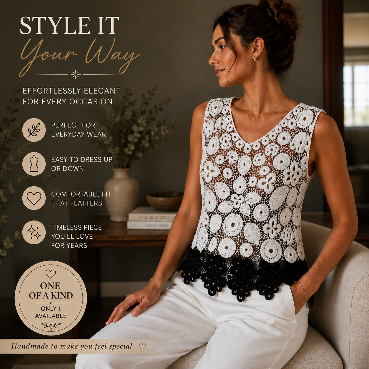 One of a Kind Irish Lace Crochet Top – Handmade Black & White Lace Blouse