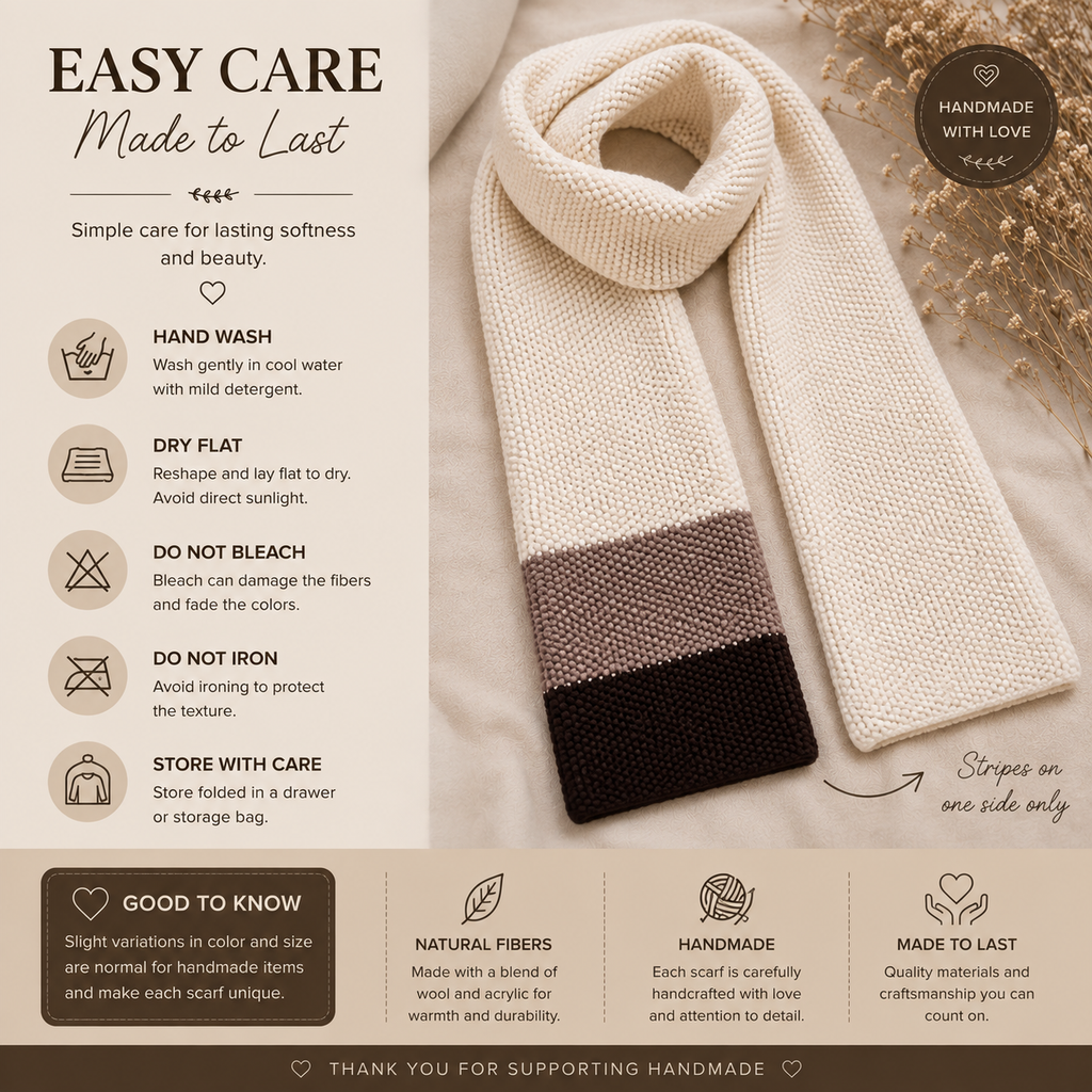 Hand-Knitted Wool Blend Scarf – Warm Neutral Colorblock Scarf