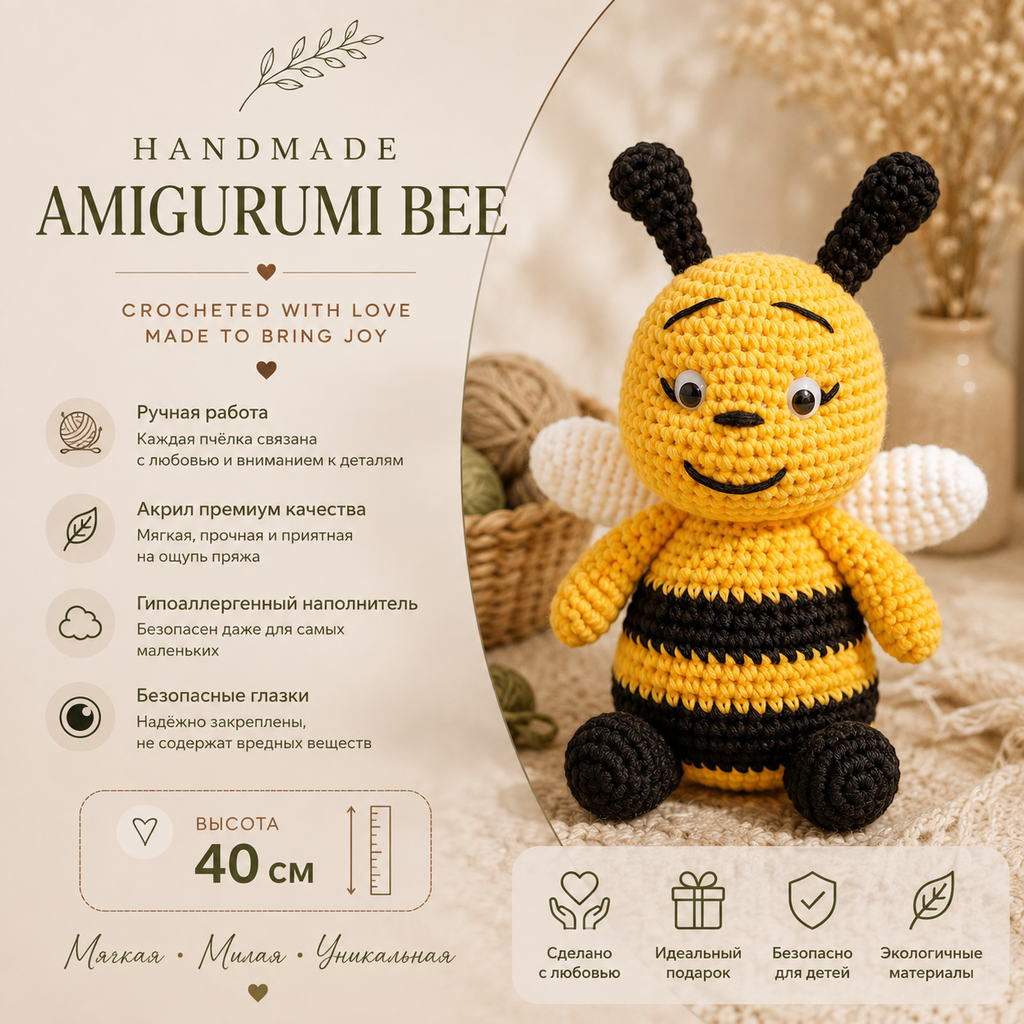 Handmade Crochet Bee Amigurumi – 40 cm Large Plush Bee Toy