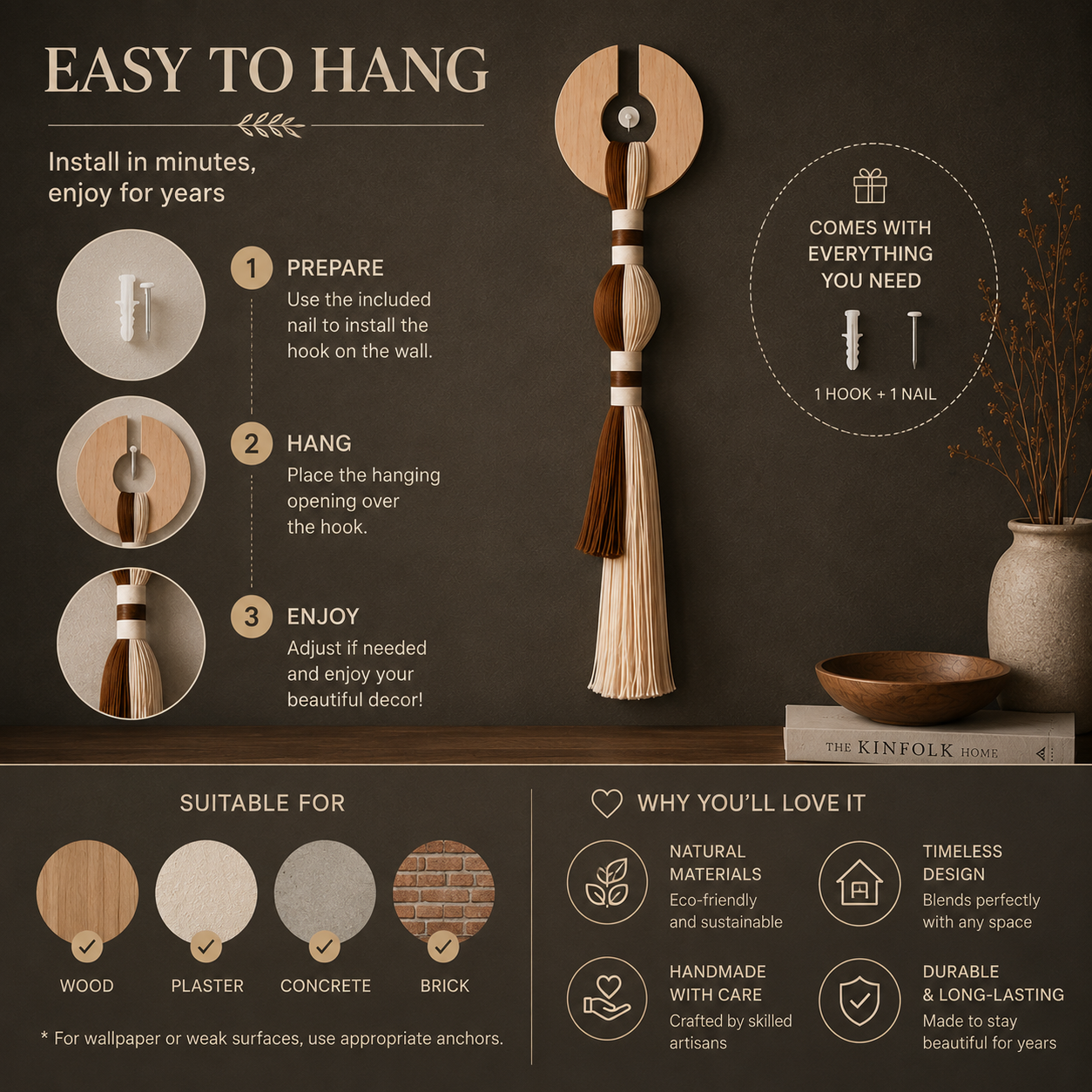 Handmade Wood & Cotton Wall Hanging – Boho Japandi Tassel Wall Decor
