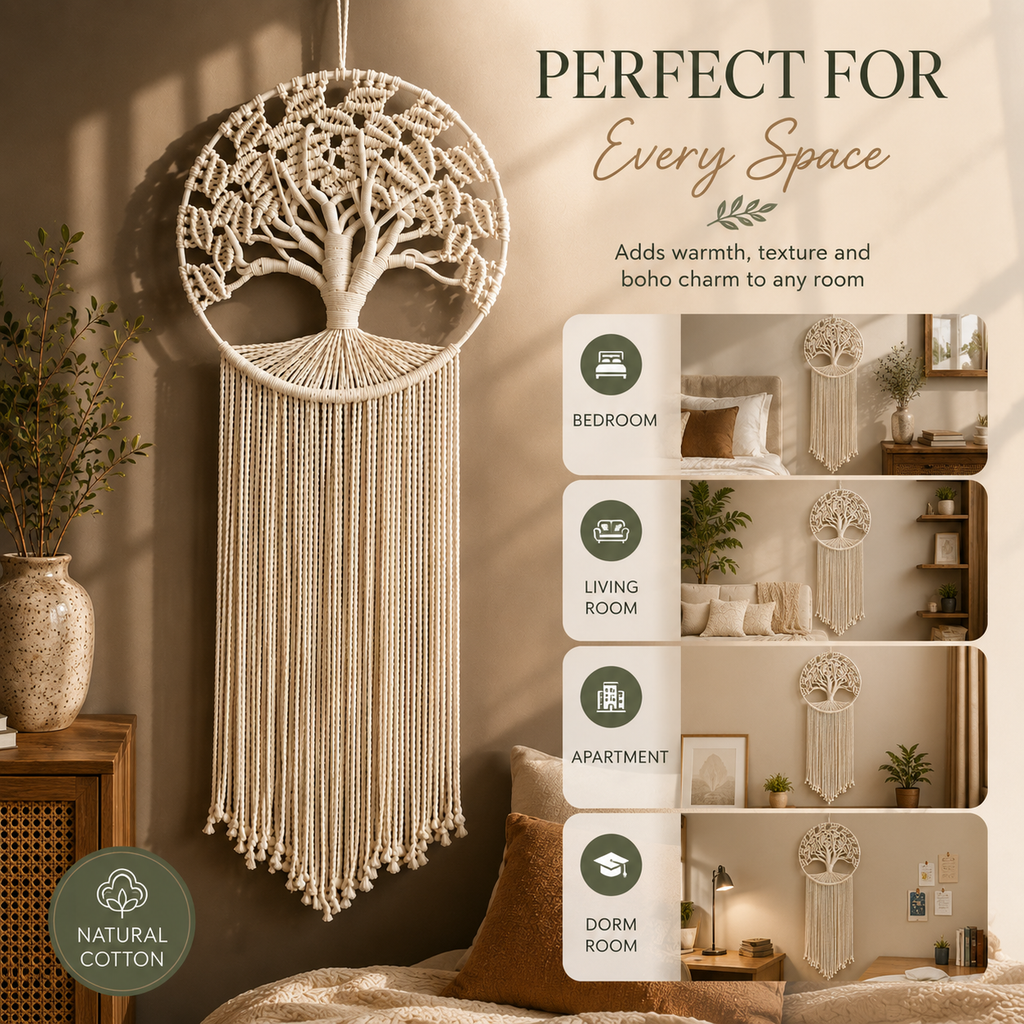 Tree of Life Macrame Wall Hanging – Handmade Boho Woven Wall Decor, Bedroom & Living Room Tapestry