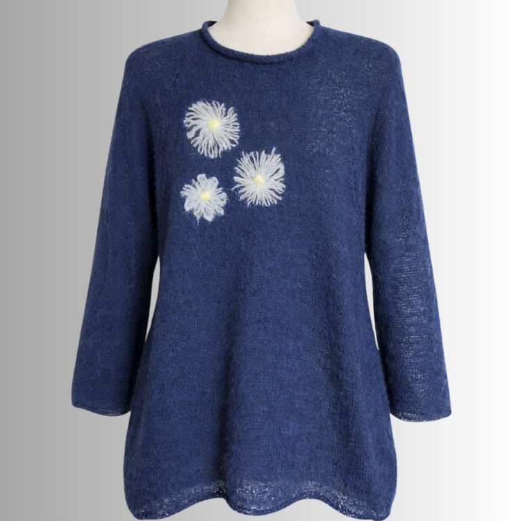 Handmade Mohair Sweater with Flowers – Lightweight Spiderweb Knit Tunic