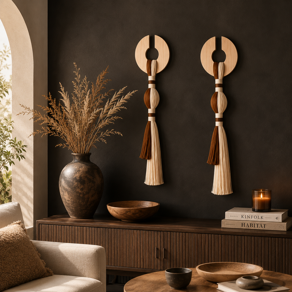 Handmade Wood & Cotton Wall Hanging – Boho Japandi Tassel Wall Decor