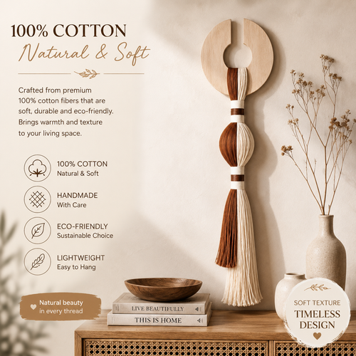 Handmade Wood & Cotton Wall Hanging – Boho Japandi Tassel Wall Decor