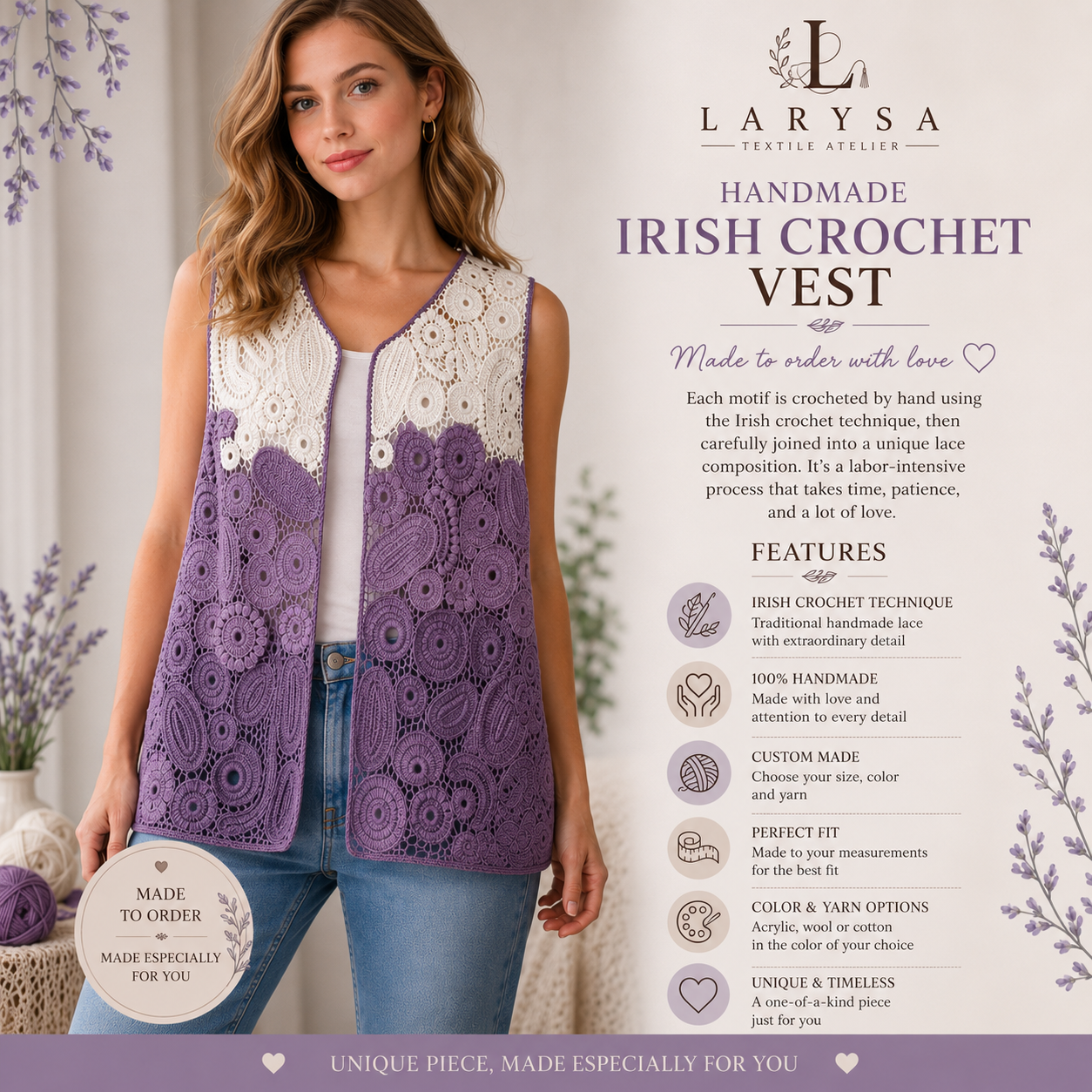 Handmade Irish Crochet Vest – Custom Color & Size