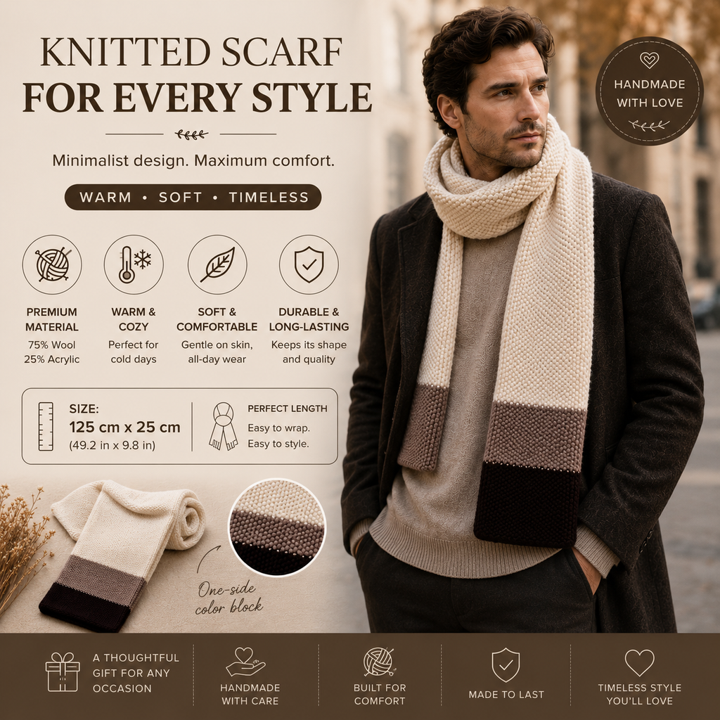 Hand-Knitted Wool Blend Scarf – Warm Neutral Colorblock Scarf