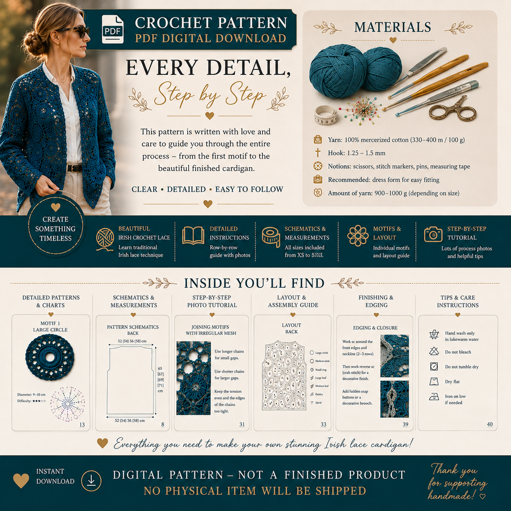 Irish Lace Cardigan Crochet Pattern PDF – Digital Download with Charts & Instructions