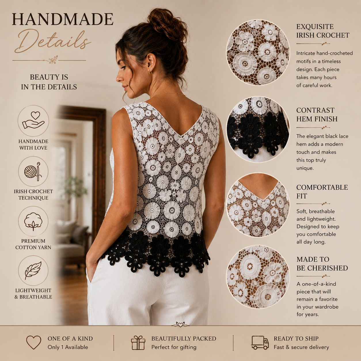 One of a Kind Irish Lace Crochet Top – Handmade Black & White Lace Blouse
