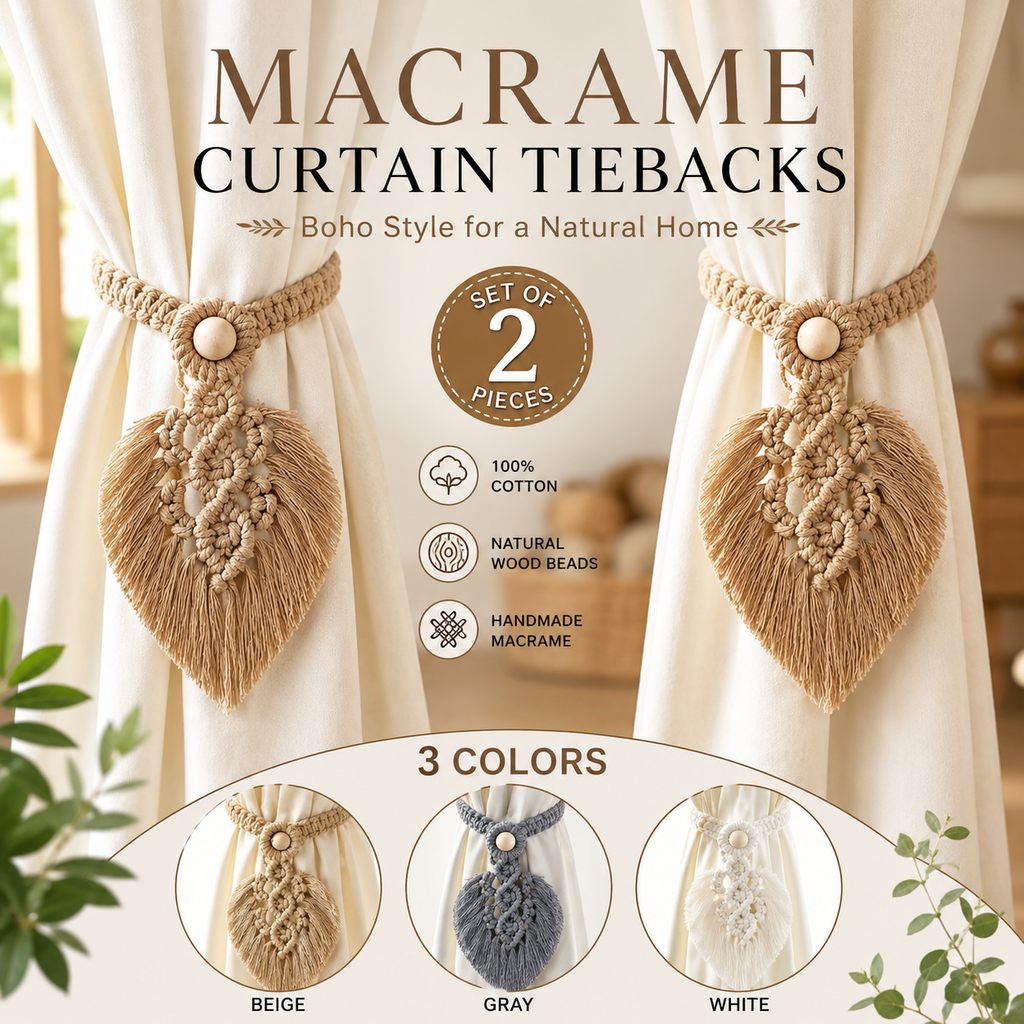 Handmade Macrame Curtain Tiebacks – Set of 2 | Cotton Boho Curtain Holders with Wooden Beads & Leaf Tassels