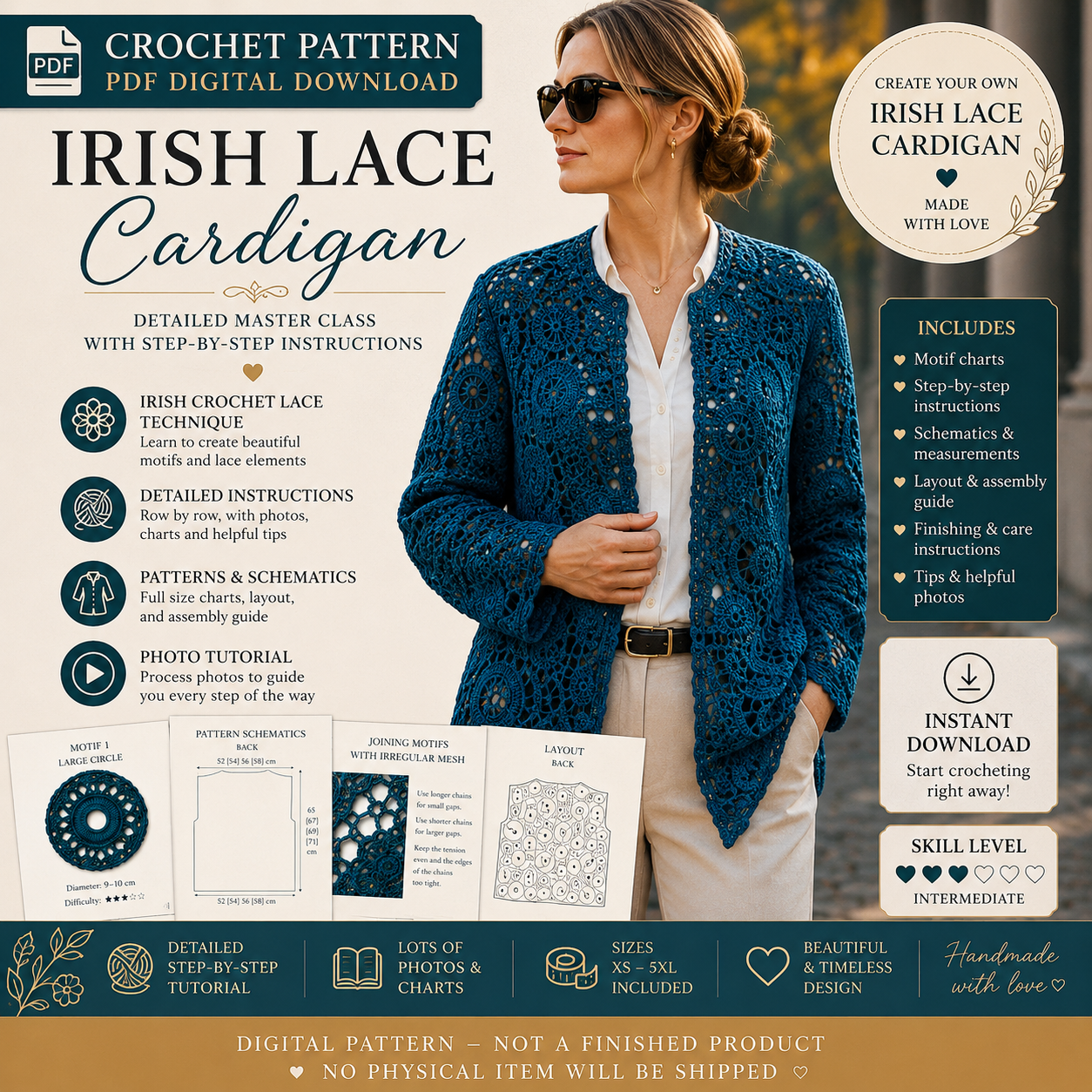 Irish Lace Cardigan Crochet Pattern PDF – Digital Download with Charts & Instructions