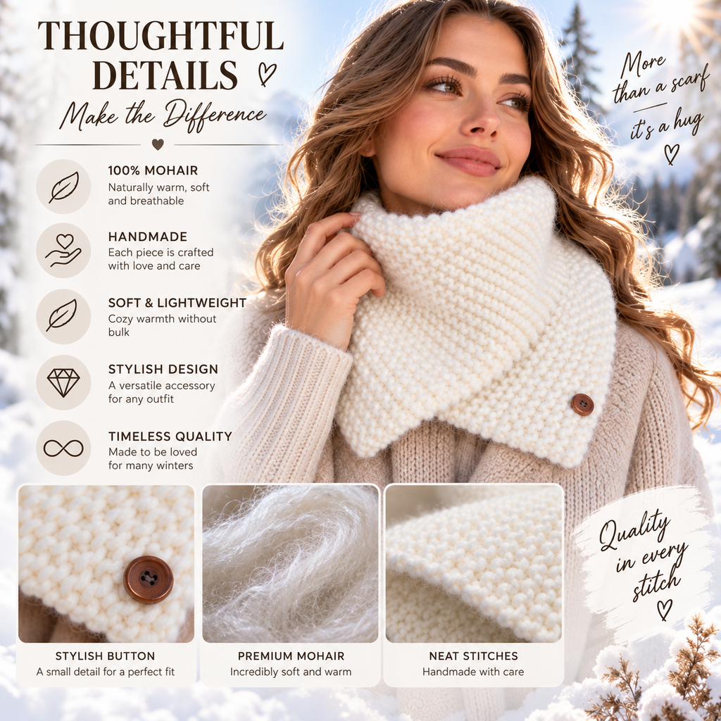 Handmade Mohair Neck Warmer for Women – Soft Knitted Cowl Scarf, Cozy Winter Scarf, Christmas Gift for Her