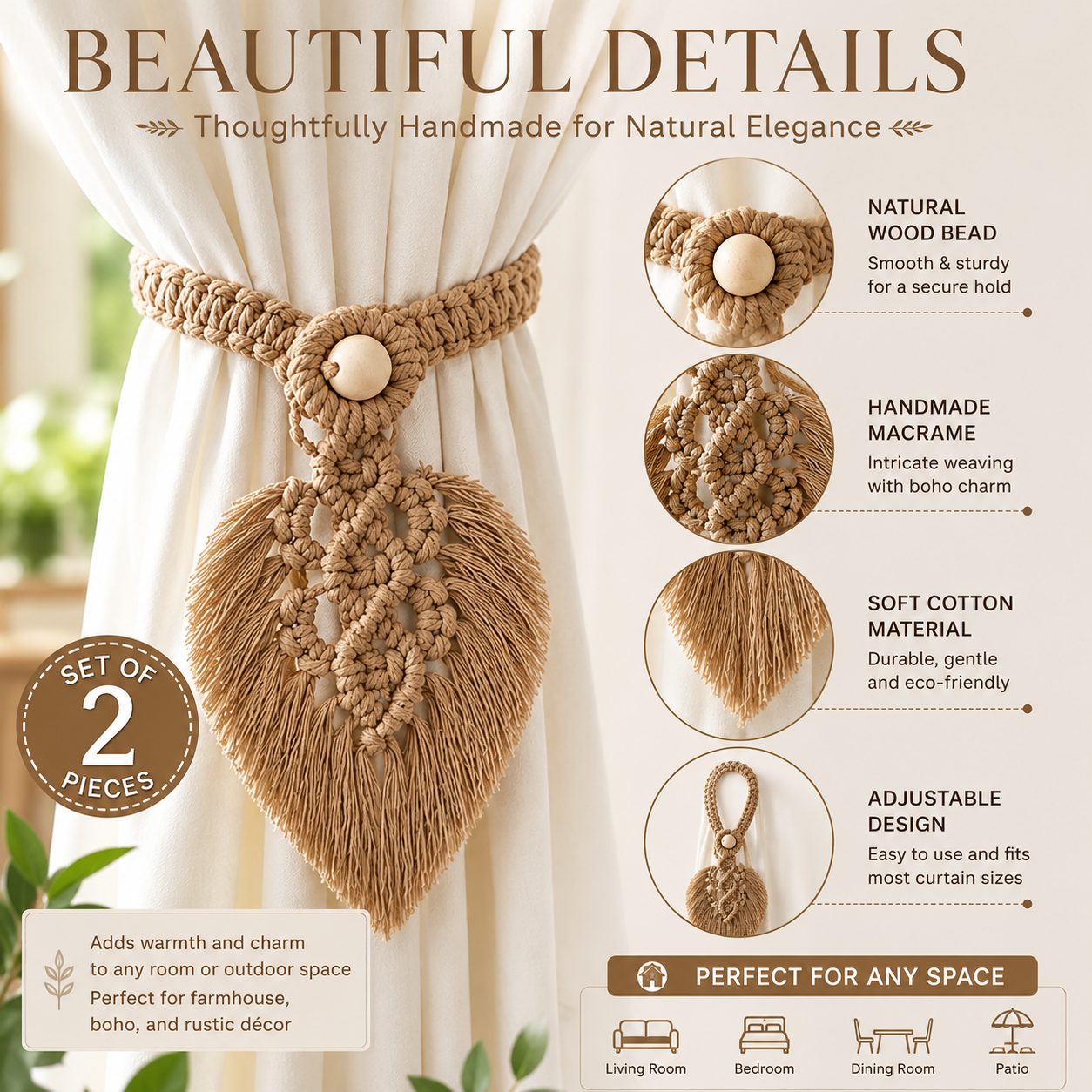 Handmade Macrame Curtain Tiebacks – Set of 2 | Cotton Boho Curtain Holders with Wooden Beads & Leaf Tassels