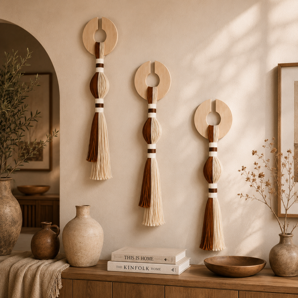 Handmade Wood & Cotton Wall Hanging – Boho Japandi Tassel Wall Decor