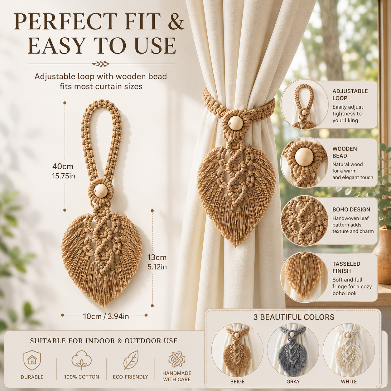 Handmade Macrame Curtain Tiebacks – Set of 2 | Cotton Boho Curtain Holders with Wooden Beads & Leaf Tassels