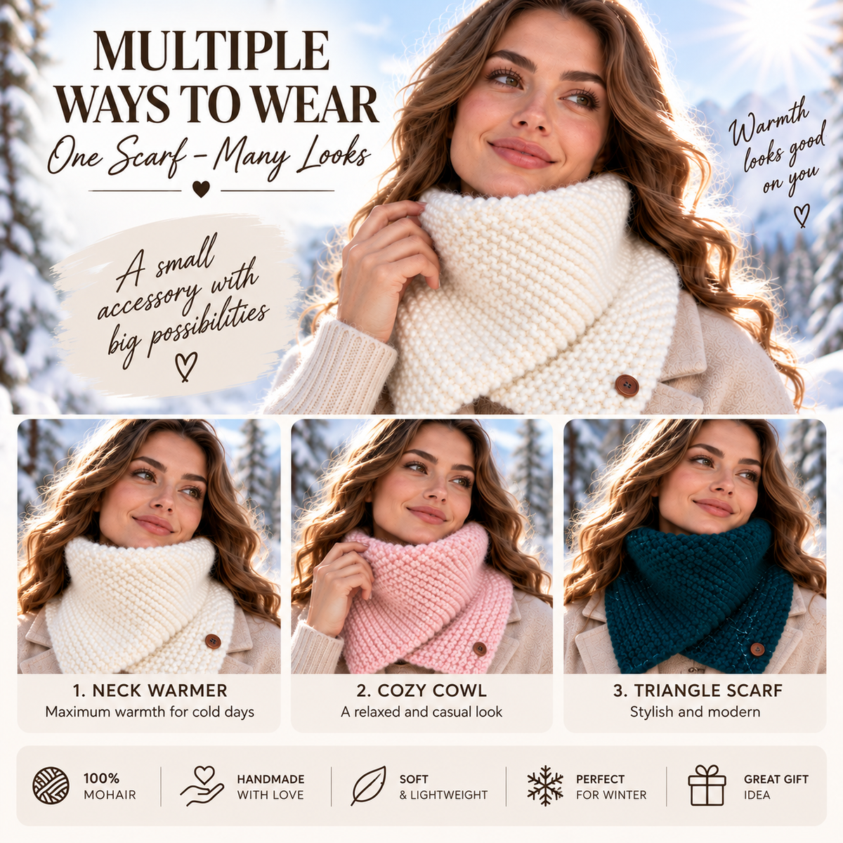 Handmade Mohair Neck Warmer for Women – Soft Knitted Cowl Scarf, Cozy Winter Scarf, Christmas Gift for Her