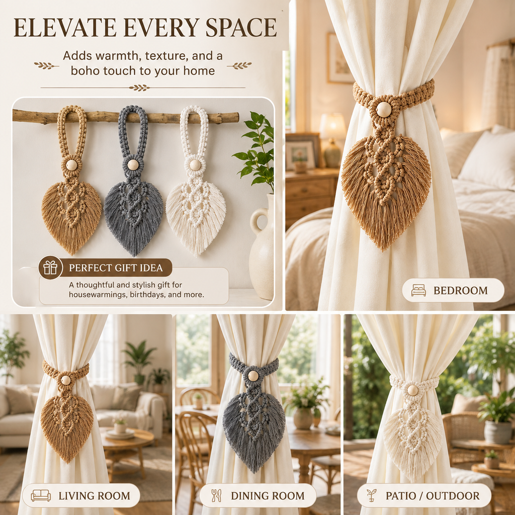 Handmade Macrame Curtain Tiebacks – Set of 2 | Cotton Boho Curtain Holders with Wooden Beads & Leaf Tassels