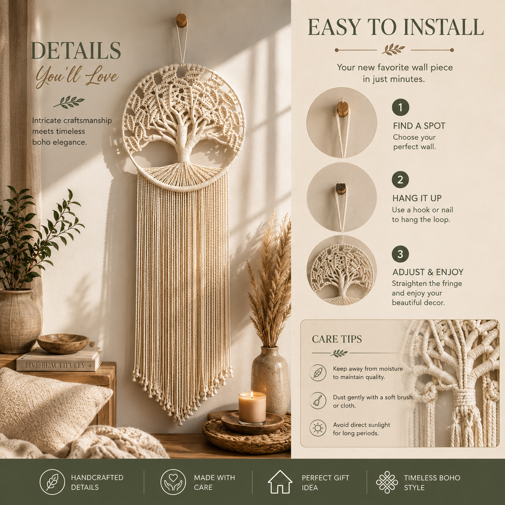 Tree of Life Macrame Wall Hanging – Handmade Boho Woven Wall Decor, Bedroom & Living Room Tapestry