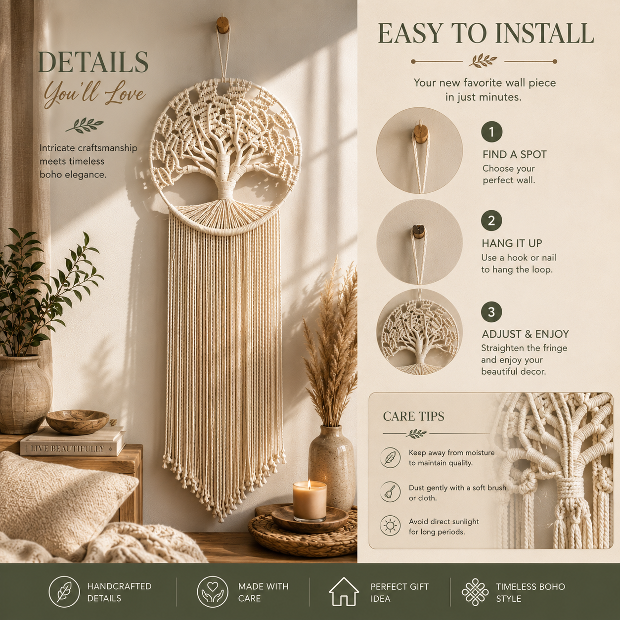Tree of Life Macrame Wall Hanging – Handmade Boho Woven Wall Decor, Bedroom & Living Room Tapestry