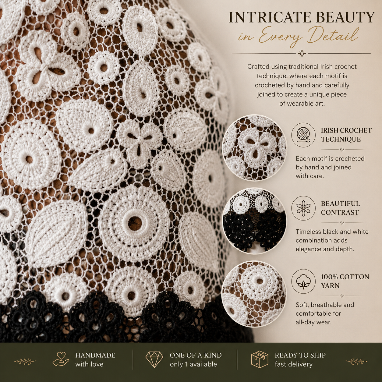 One of a Kind Irish Lace Crochet Top – Handmade Black & White Lace Blouse