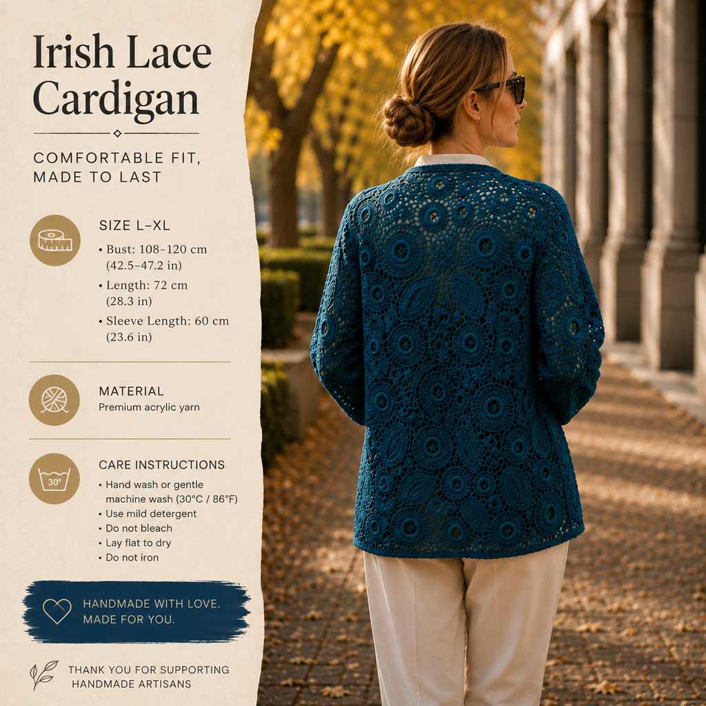 Handmade Irish Lace Cardigan – One of a Kind – Deep Blue