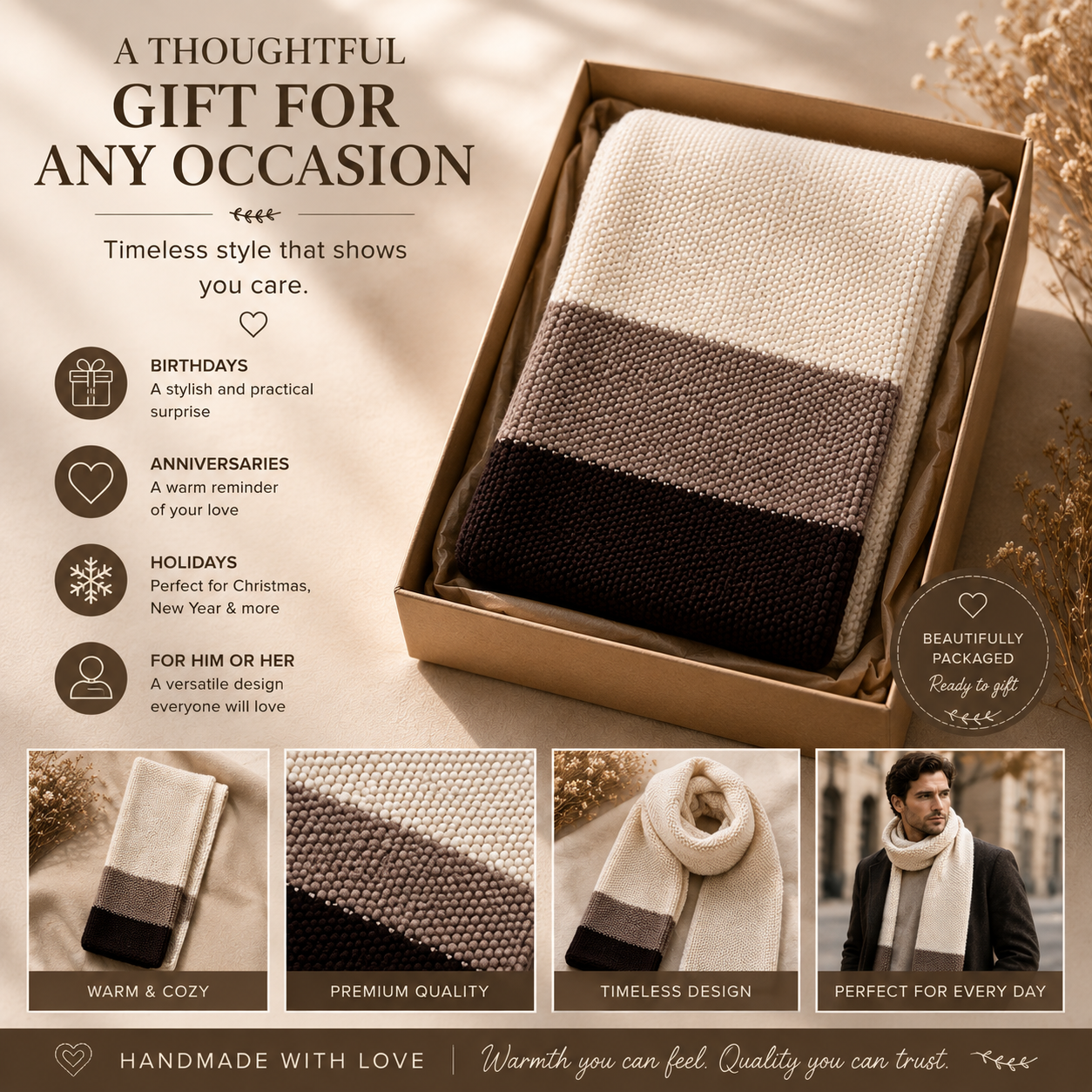 Hand-Knitted Wool Blend Scarf – Warm Neutral Colorblock Scarf