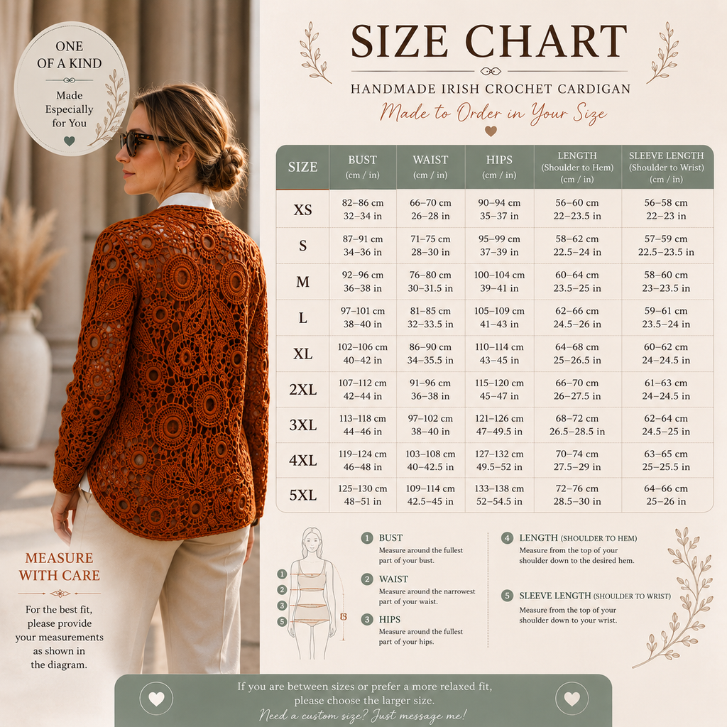 Handmade Irish Lace Crochet Cardigan – Custom Size & Color, Made to Order Women’s Lace Jacket