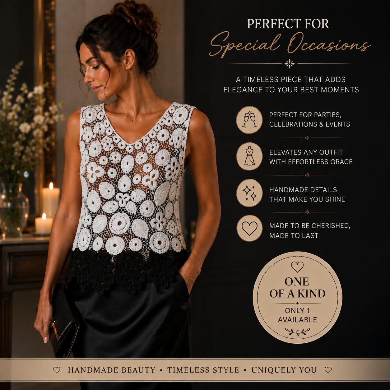 One of a Kind Irish Lace Crochet Top – Handmade Black & White Lace Blouse