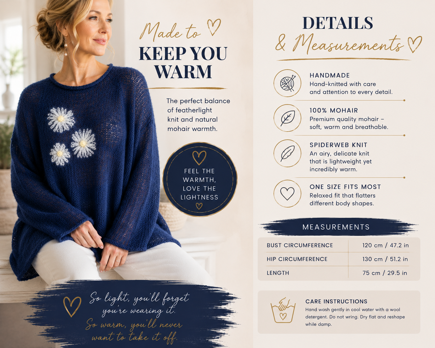 Handmade Mohair Sweater with Flowers – Lightweight Spiderweb Knit Tunic