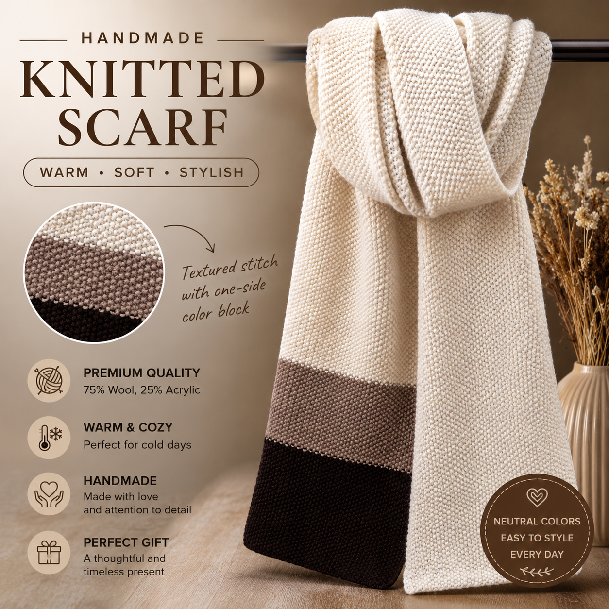Hand-Knitted Wool Blend Scarf – Warm Neutral Colorblock Scarf