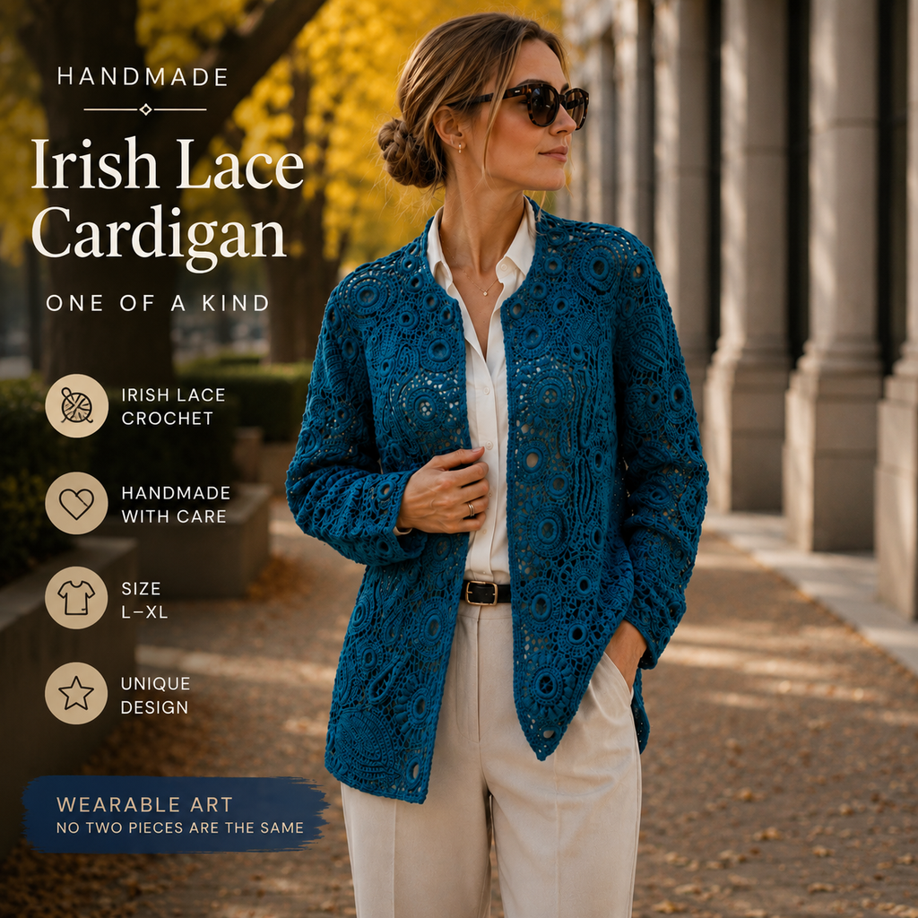 Handmade Irish Lace Cardigan – One of a Kind – Deep Blue