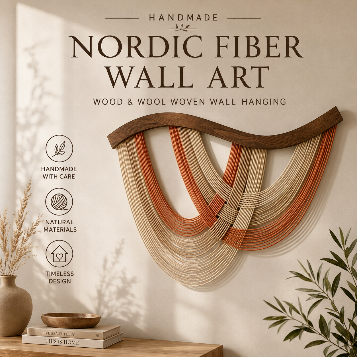 Handmade Nordic Fiber Wall Art – Wood & Wool Woven Wall Hanging