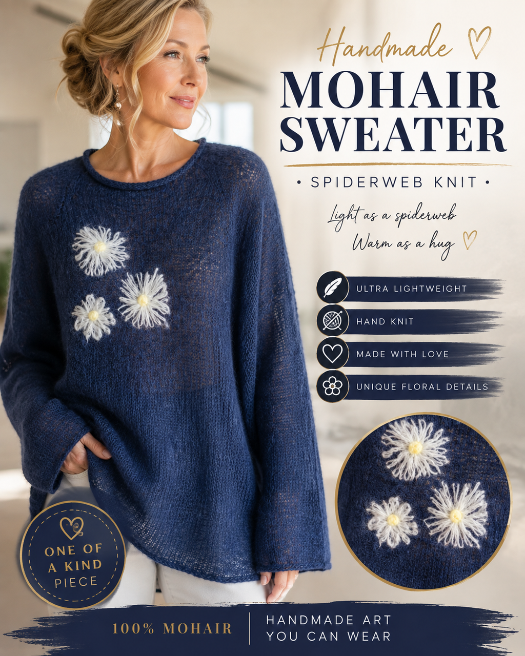 Handmade Mohair Sweater with Flowers – Lightweight Spiderweb Knit Tunic