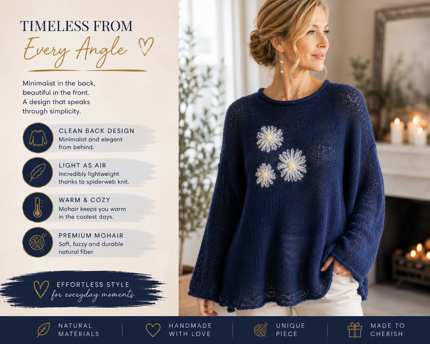 Handmade Mohair Sweater with Flowers – Lightweight Spiderweb Knit Tunic
