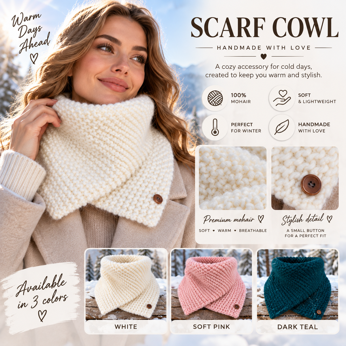 Handmade Mohair Neck Warmer for Women – Soft Knitted Cowl Scarf, Cozy Winter Scarf, Christmas Gift for Her