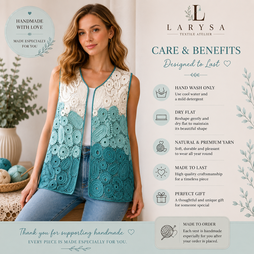 Handmade Irish Crochet Vest – Custom Color & Size